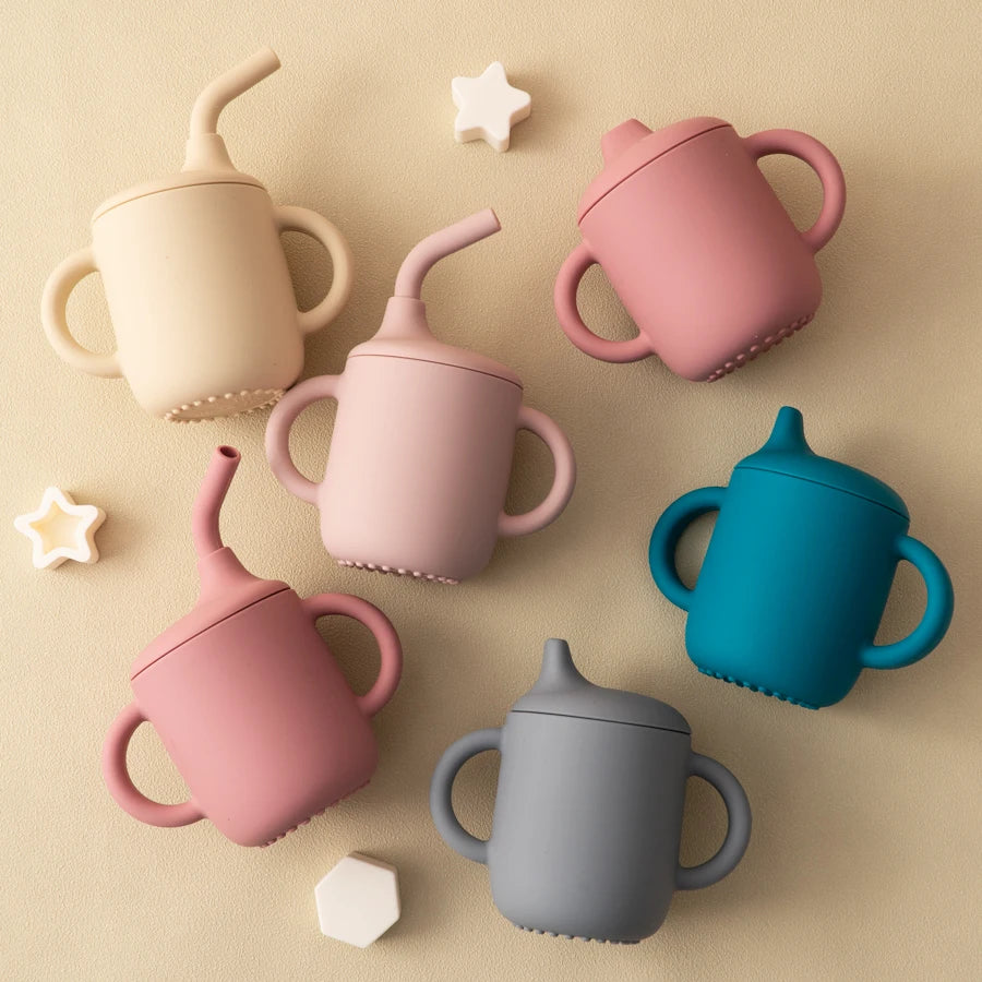 1PCS Two Lids Baby Silicone Straw Cup BPA Free