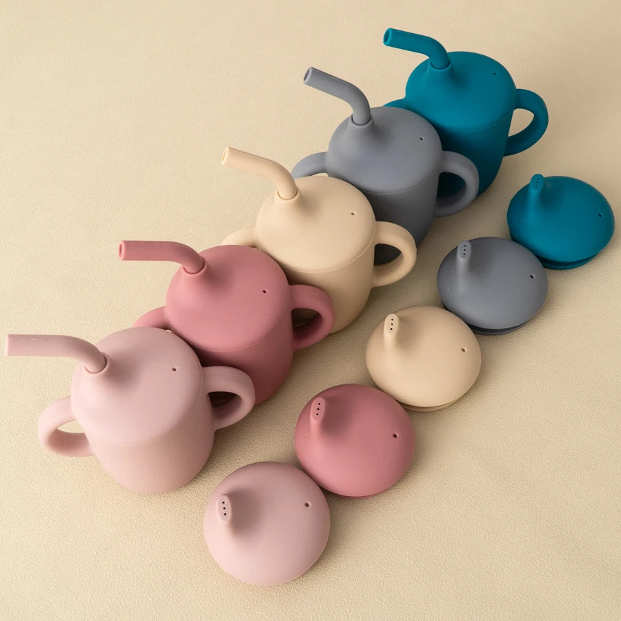 1PCS Two Lids Baby Silicone Straw Cup BPA Free